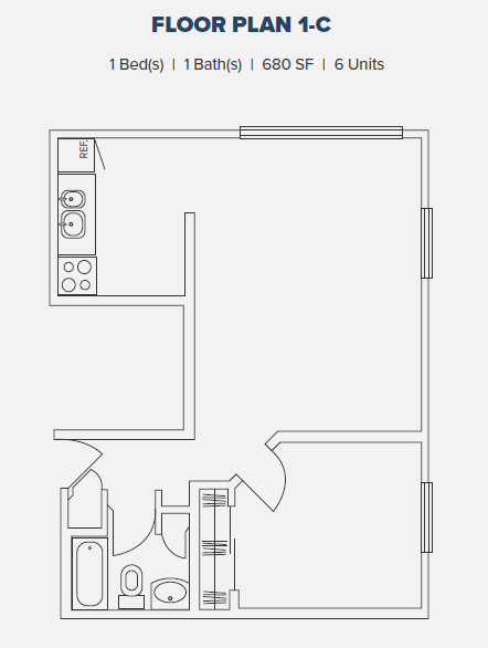 Floor plan for 1 bed, 1 bath, 680 sqft
